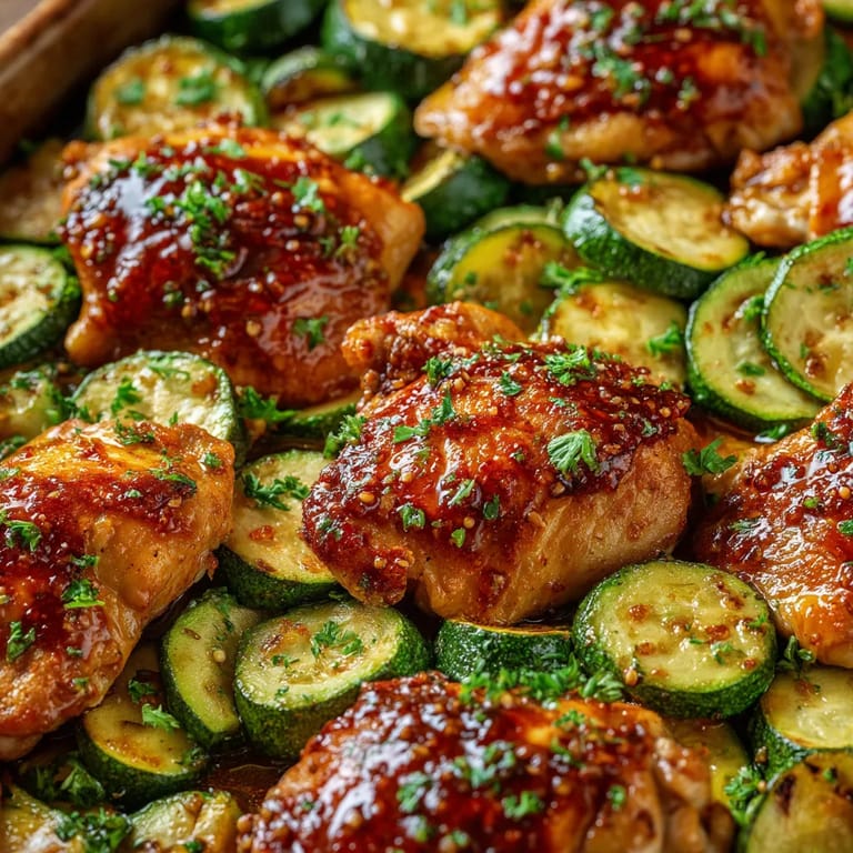 A pan of chicken and zucchini with a honey glaze.