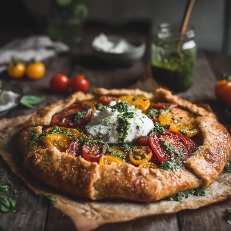 A galette with tomatoes and whipped burrata.