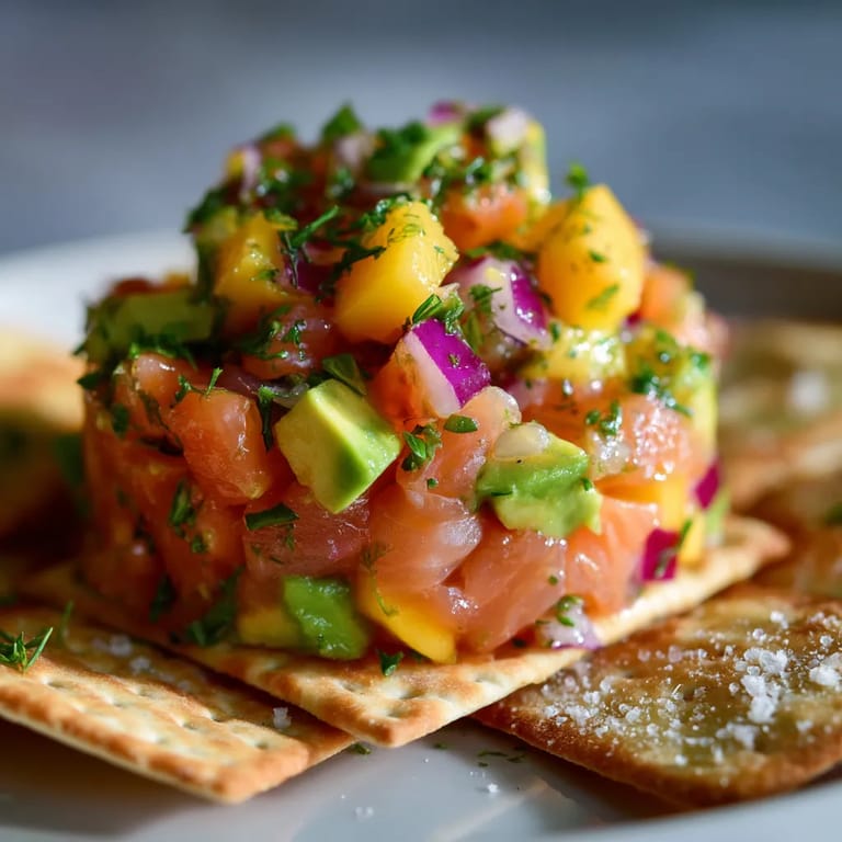 A plate of food with a salmon mango avocado tartare on crispy wonton chips.