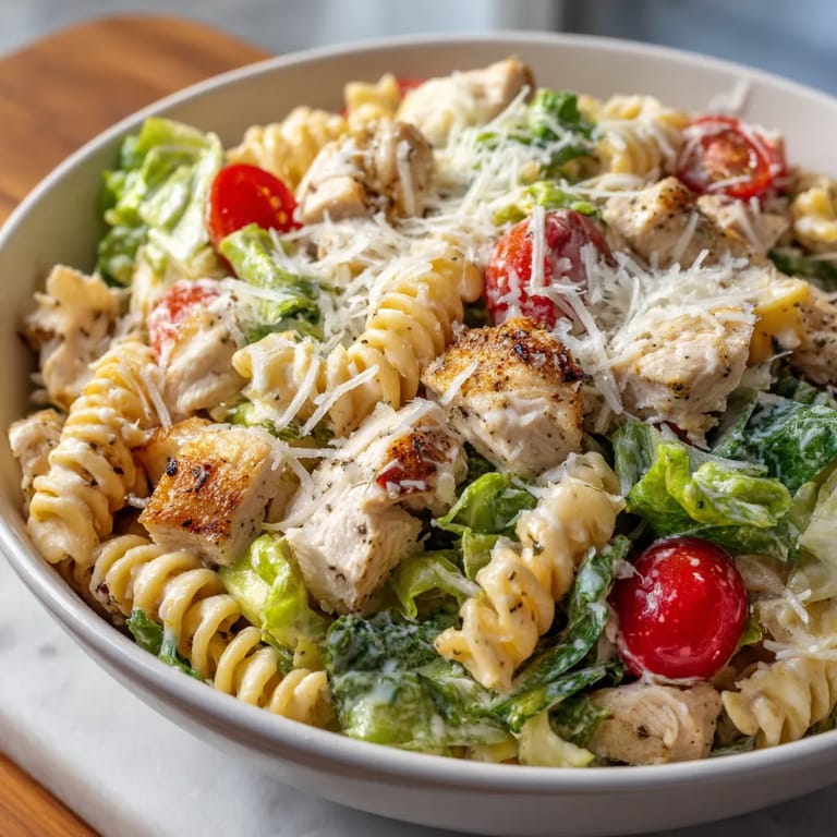 A bowl of chicken Caesar pasta salad.