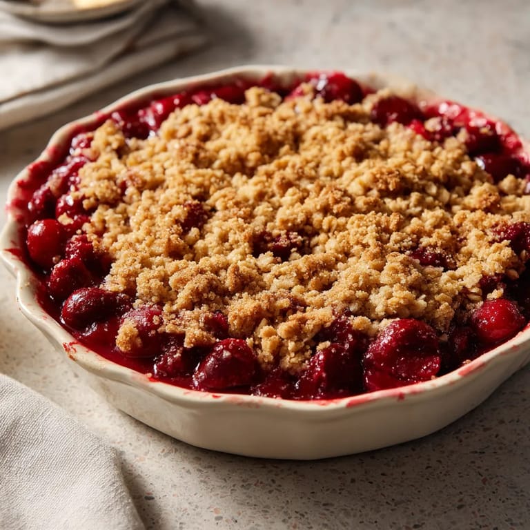 A bowl of fresh cherry crisp with oat crumble.