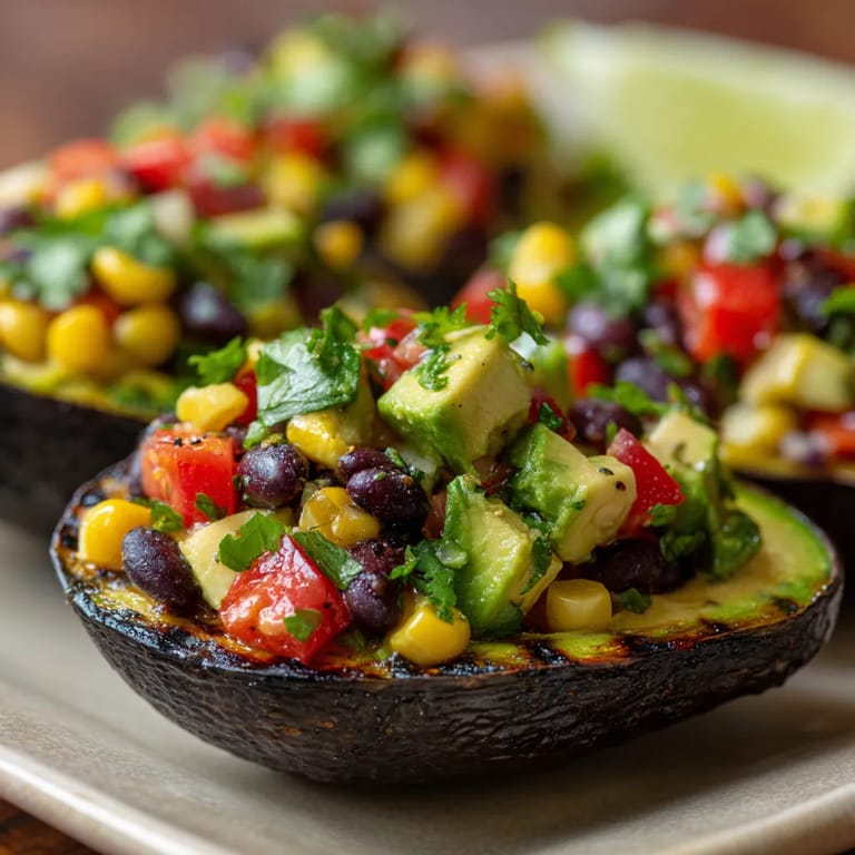 Grilled avocado boats with black bean corn salsa.