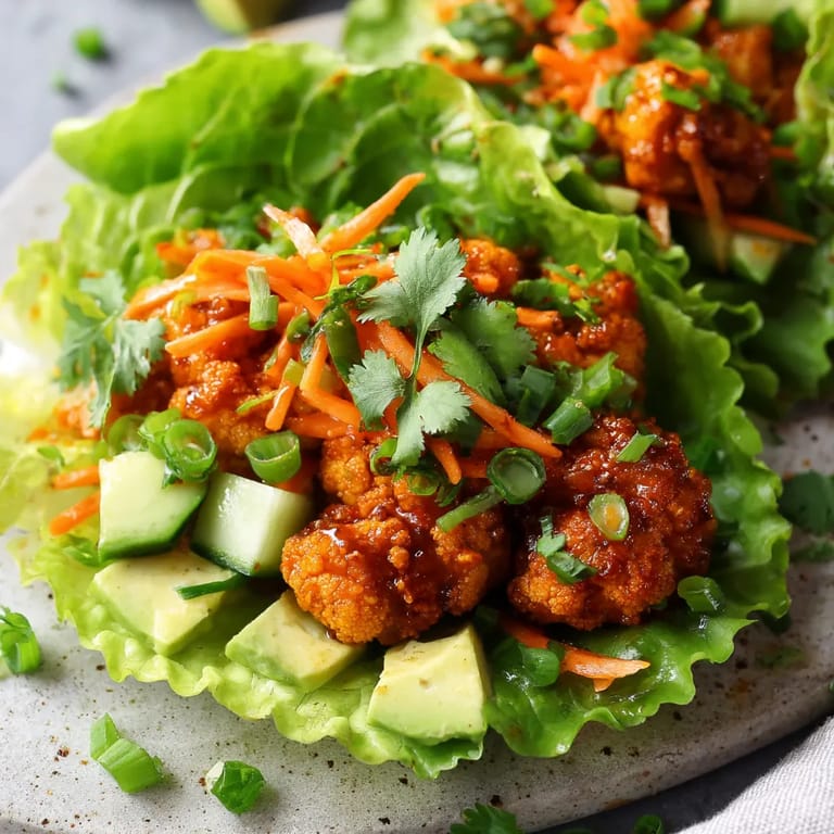 A plate of buffalo cauliflower lettuce tacos.