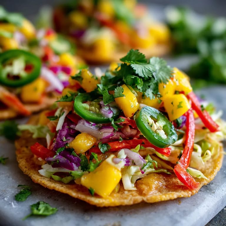 A plate of food with a spicy mango slaw tostada.