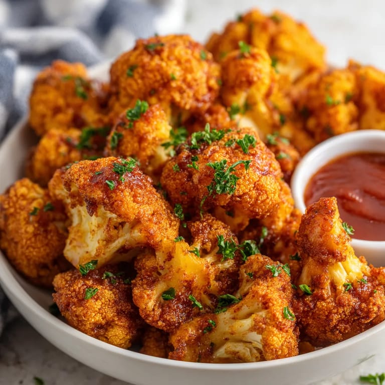 A bowl of buffalo cauliflower with a dipping sauce.