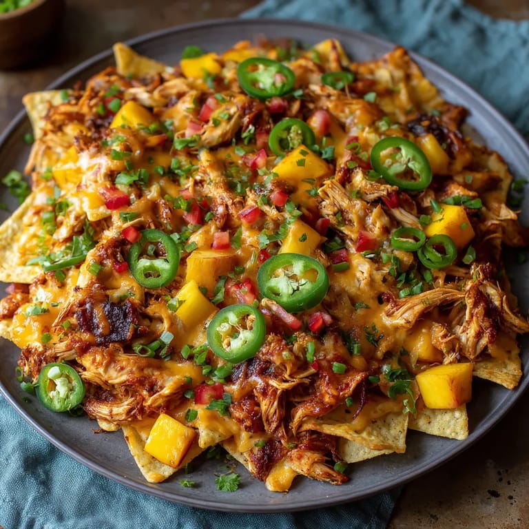 A plate of BBQ Peach Chicken Nachos with Smoked Cheddar.