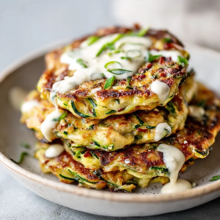 A stack of mini zucchini and chorizo pancakes with lime crema.
