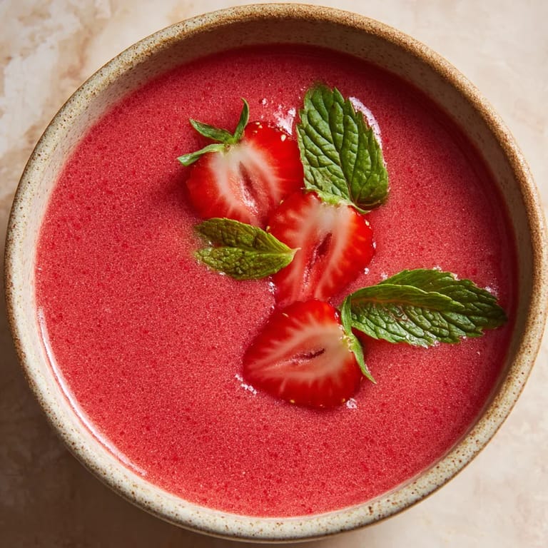 A bowl of soup with strawberries and mint.