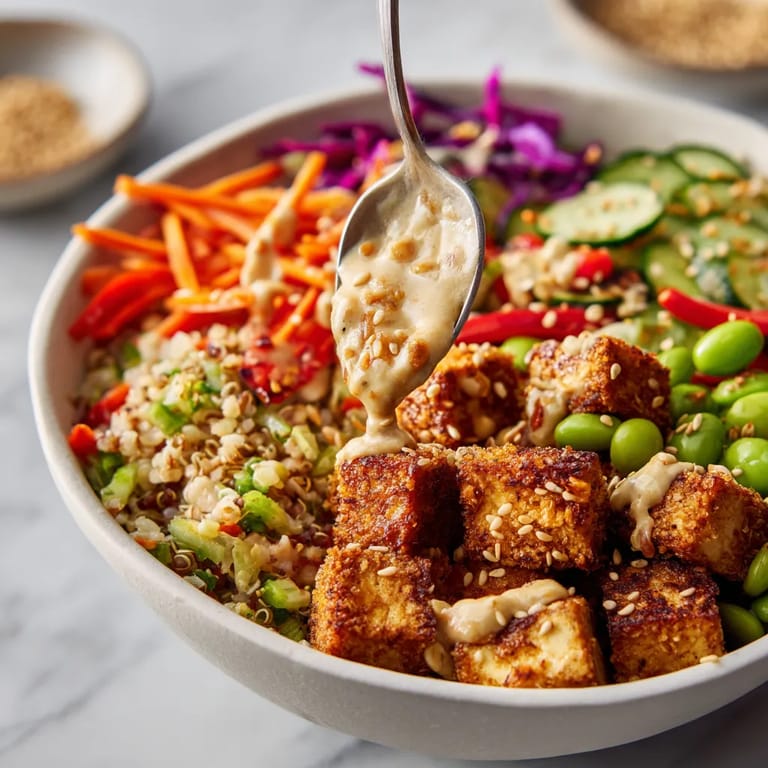A bowl of roasted tofu, rice, and vegetables.