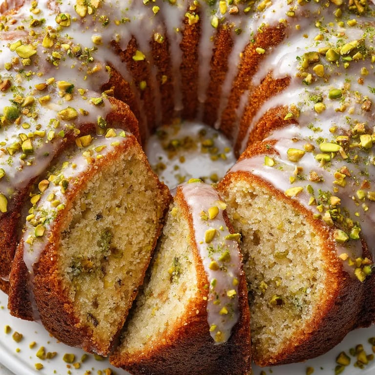A slice of pistachio bundt cake with lemon glaze.