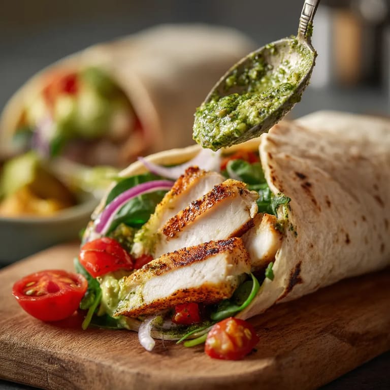 A pesto chicken and avocado wrap is being prepared.
