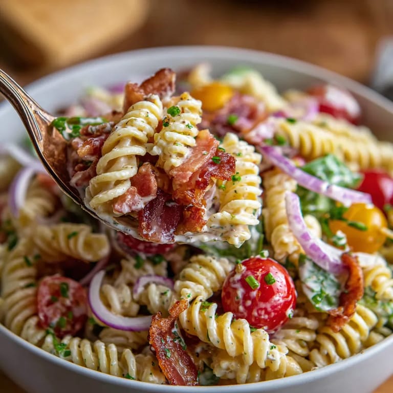 A bowl of BLT pasta salad.