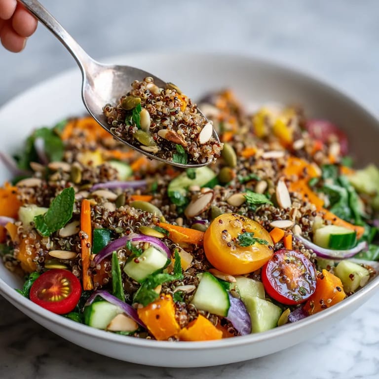 A spoon is scooping quinoa crunch salad.
