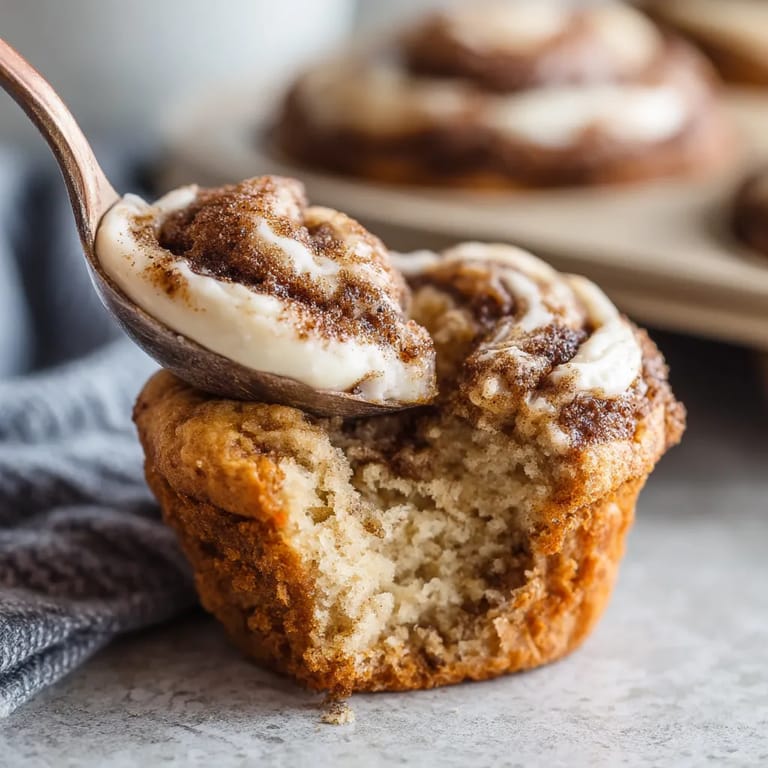A spoon is in a cinnamon roll protein muffin.