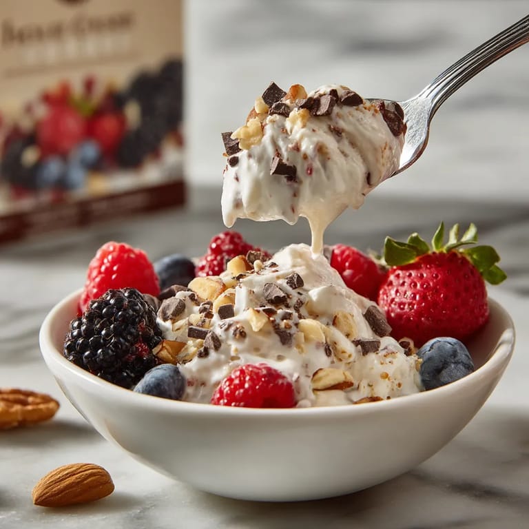 A bowl of cottage cheese ice cream with strawberries and blueberries.
