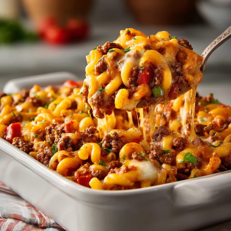 A spoon is in a bowl of Johnny Marzetti Casserole.