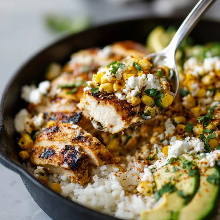 A bowl of Mexican street corn chicken rice.