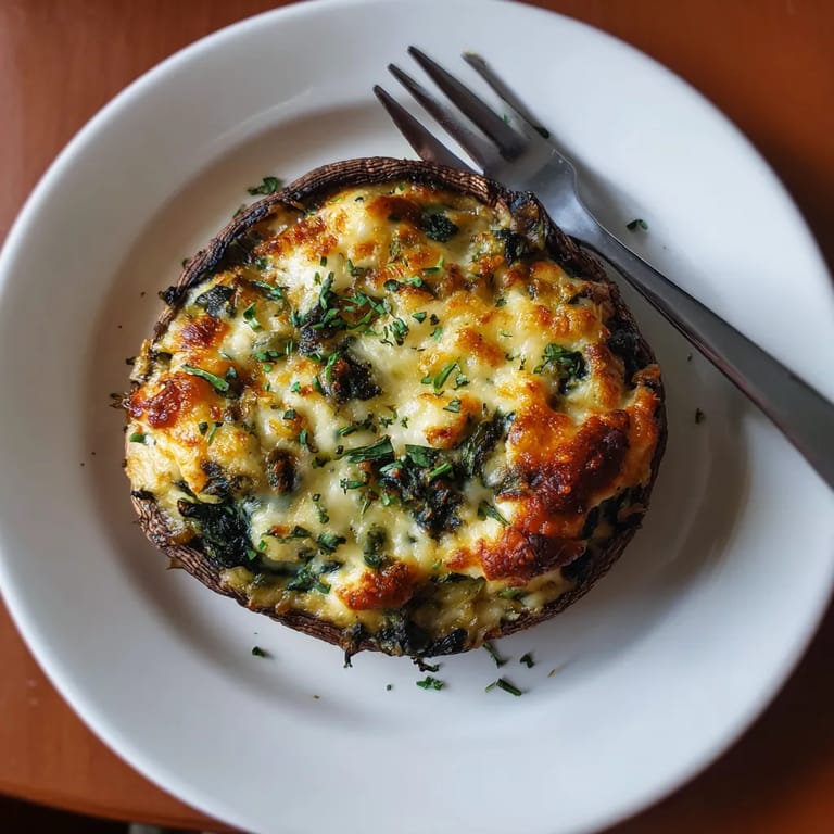 A spinach and cheese stuffed portobello mushroom on a white plate.