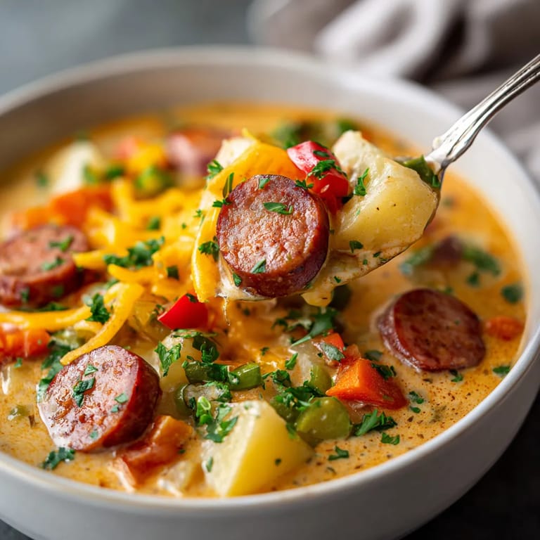 A bowl of Cajun potato soup with a spoon in it.