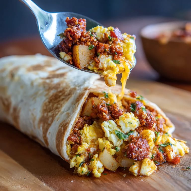 A spoon is scooping chorizo, potatoes and eggs from a burrito.