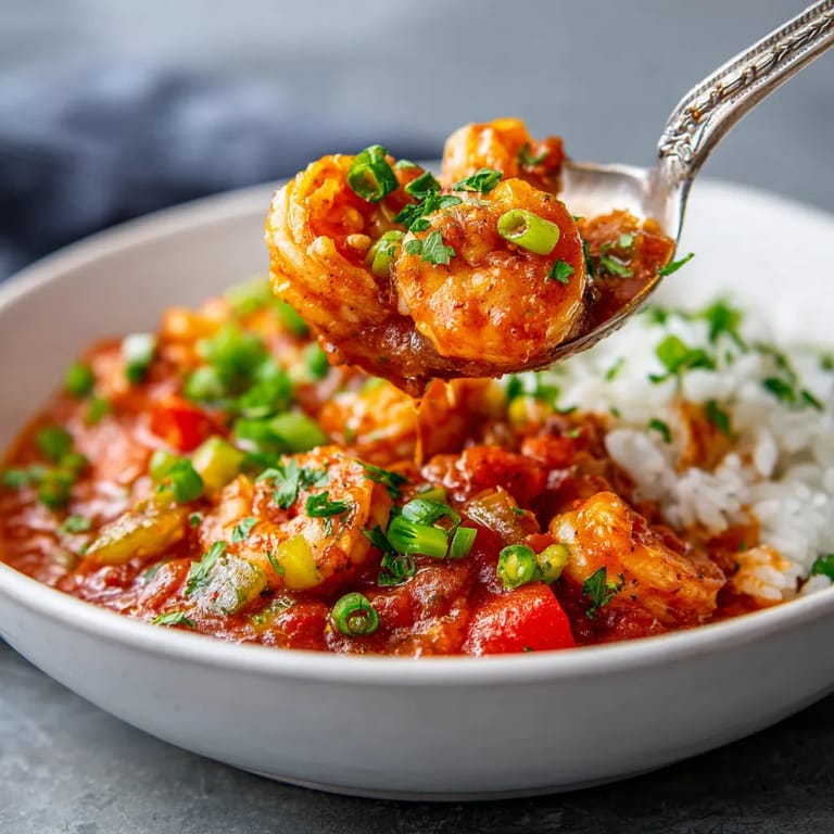 A spoon is in a bowl of shrimp creole.