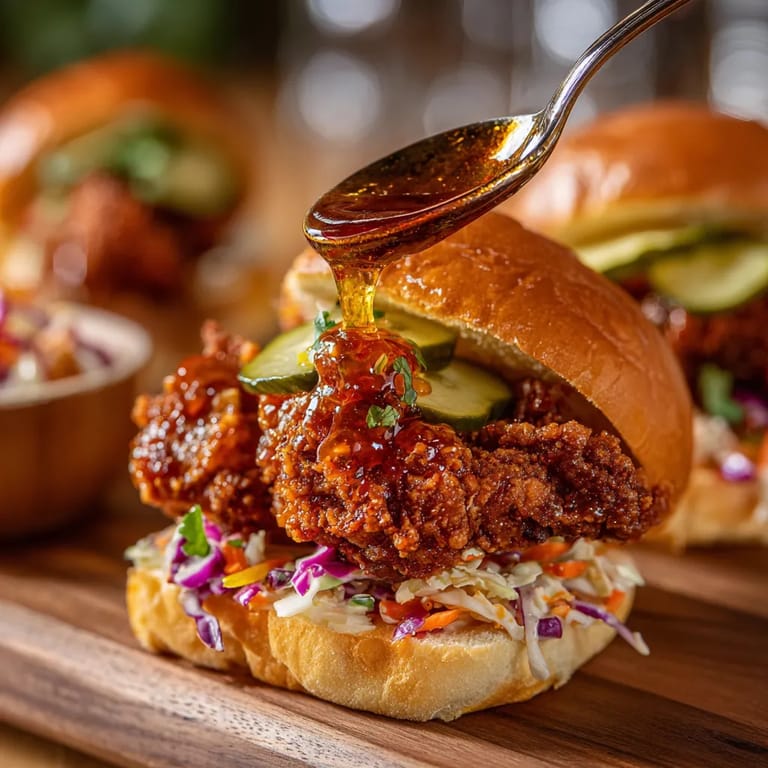 A close up of a hot honey fried chicken slider.