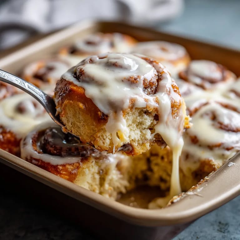 A fork is in a pan of iced cinnamon roll cake.