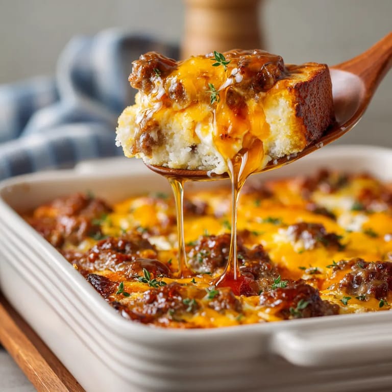 A wooden spoon is being used to serve a pancake sausage casserole.