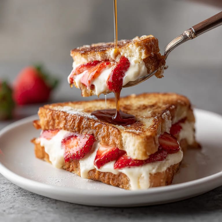 A person is eating a fried strawberry cheesecake sandwich.