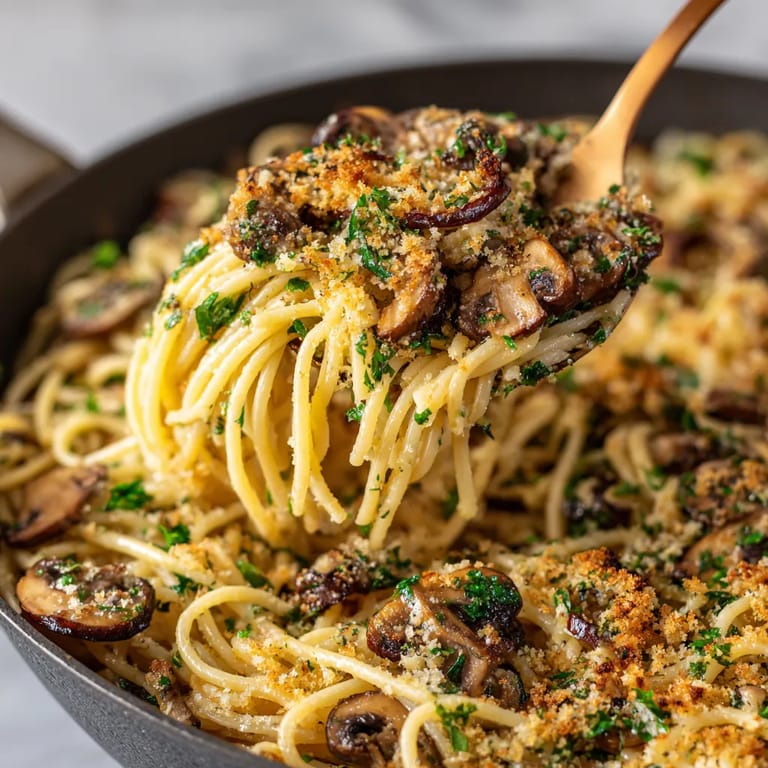 A close up of a brown butter mushroom pasta dish.