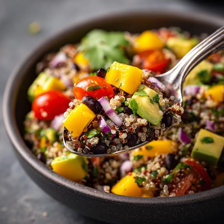 A spoon is in a bowl of quinoa, mango and black bean salad.