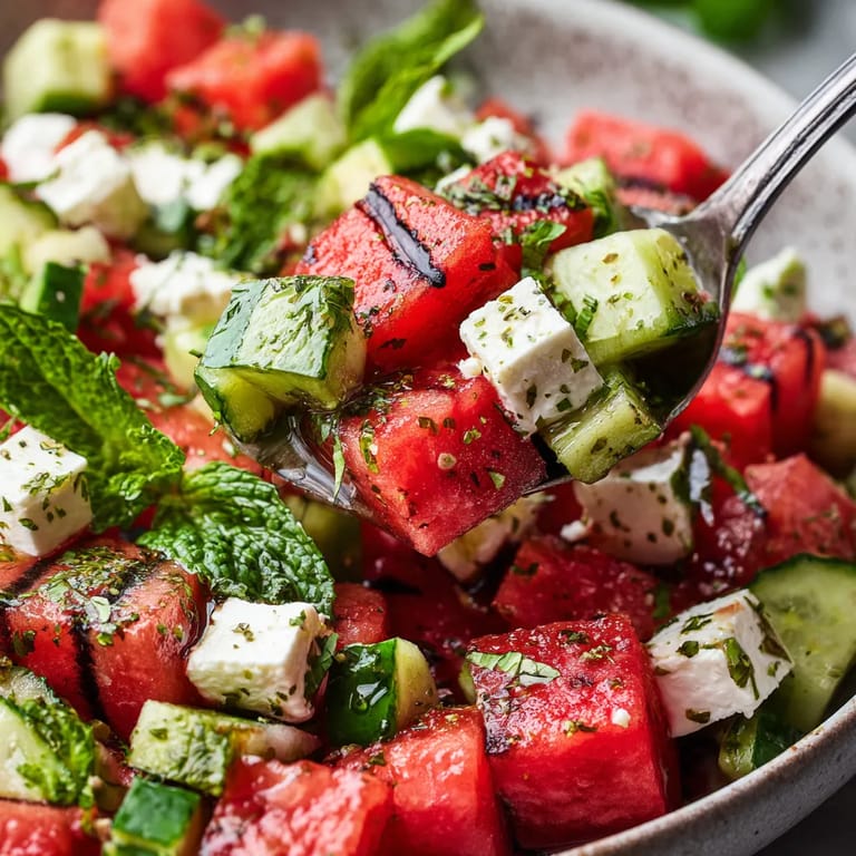 A bowl of grilled watermelon and vegan feta salad.