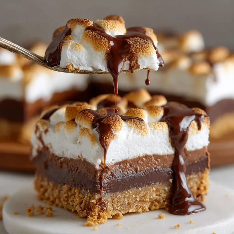 A slice of s'mores fudge bars with chocolate drizzled on top.