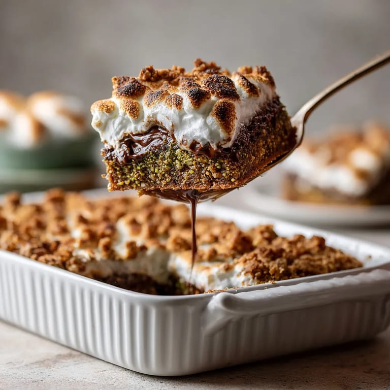 A close up of a pistachio butter s'mores bar.