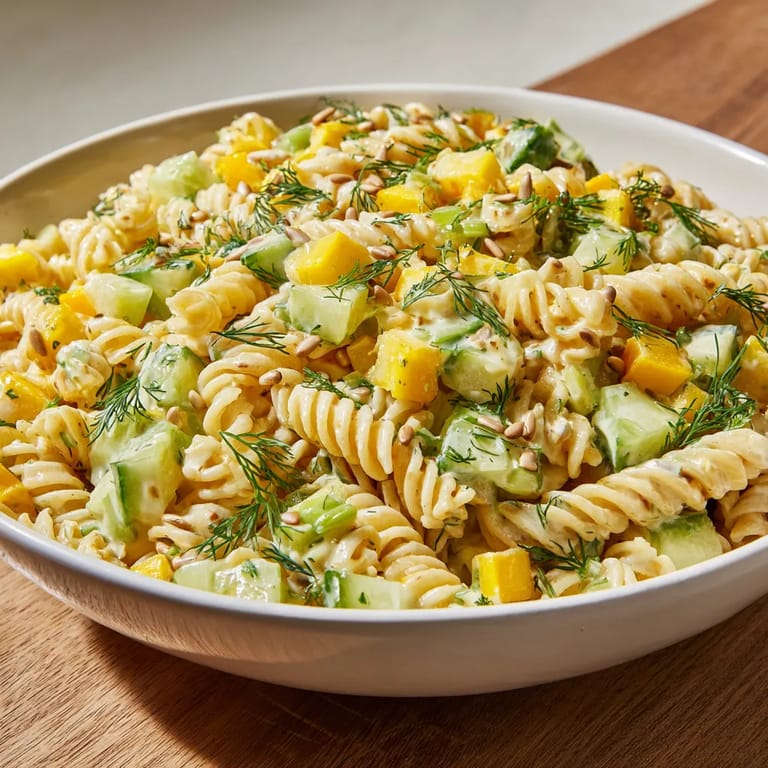A bowl of pasta salad with yellow dill.