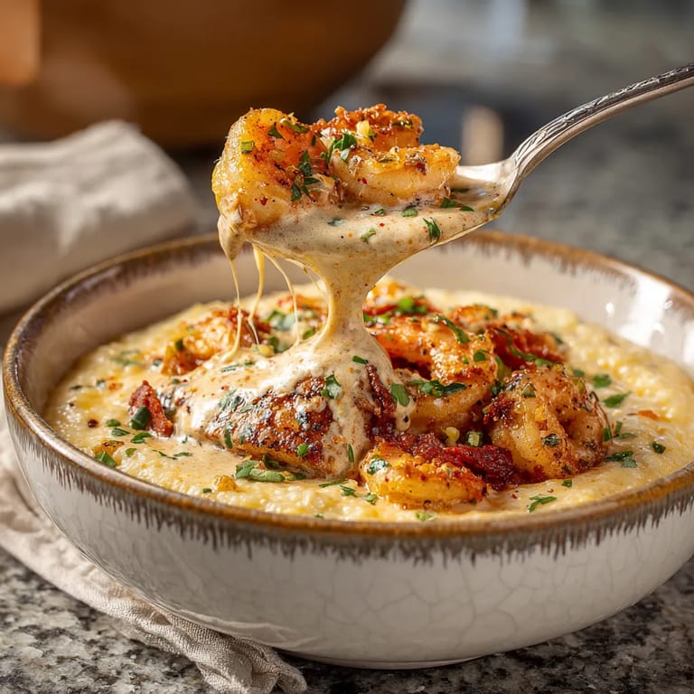 A bowl of red snapper, shrimp and grits with a cajun cream sauce.