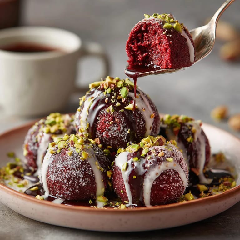A plate of red velvet pancake pops with chocolate drizzle.