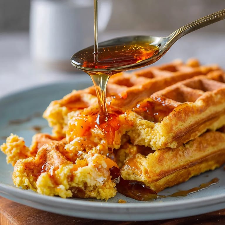 A plate of waffles with syrup drizzled over them.