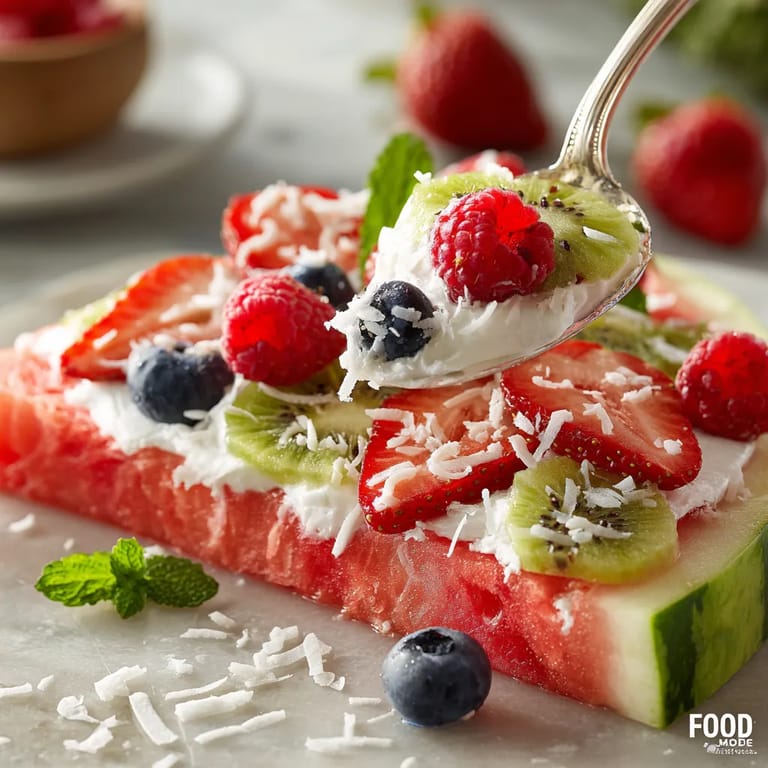 A slice of watermelon pizza with blueberries and whipped cream.