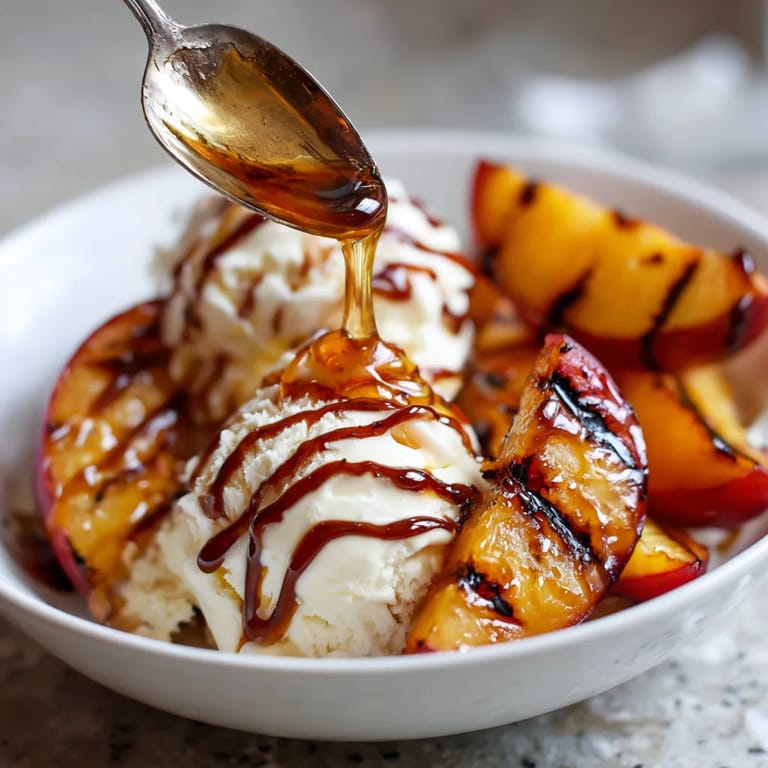 A bowl of grilled peaches with honey and vanilla ice cream.