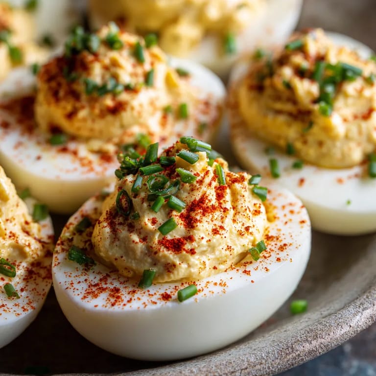 A plate of deviled eggs with a spoon.