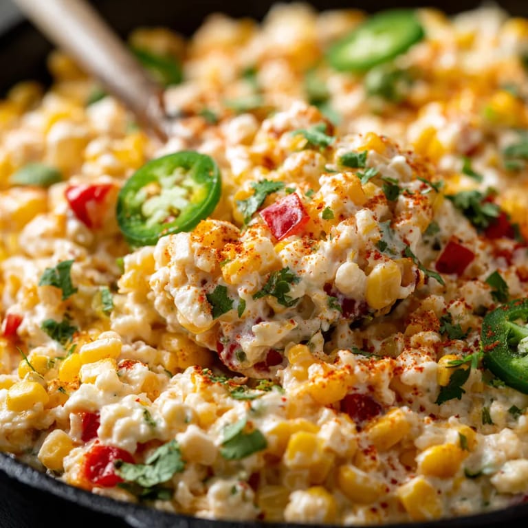 A skillet full of creamy jalapeño corn dip.