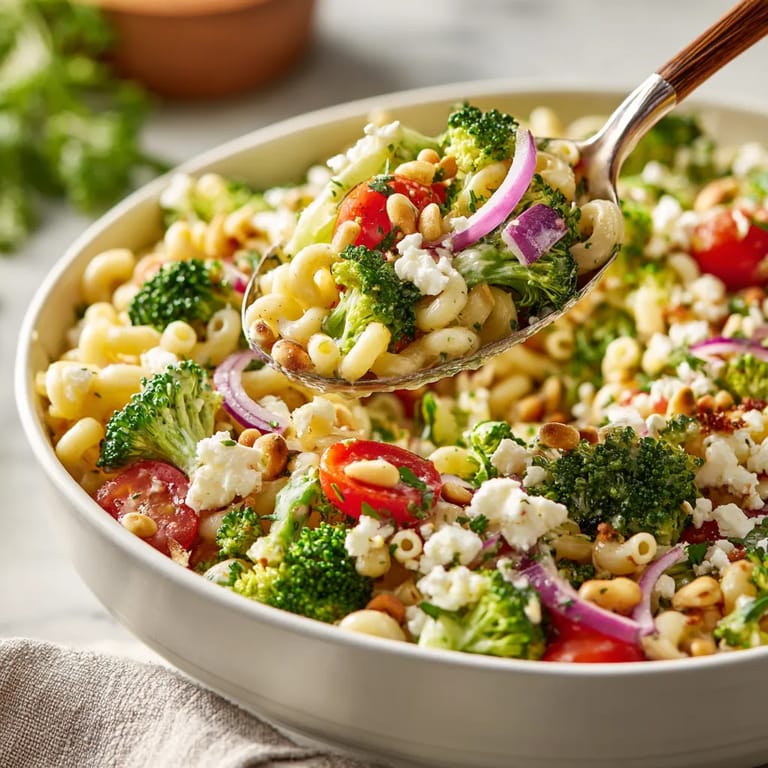 A bowl of pasta salad with broccoli and tomatoes.