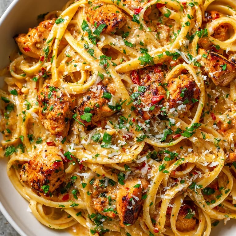 A bowl of pasta with chicken and cheese.