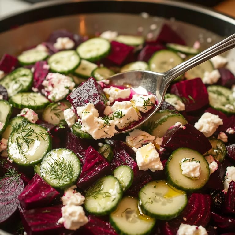 A salad with beets, cucumbers, and feta cheese.