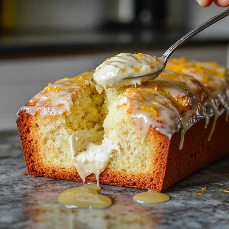 A slice of lemon cream cheese bread with citrus glaze.