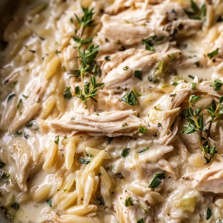 A creamy lemon herb chicken orzo dish.