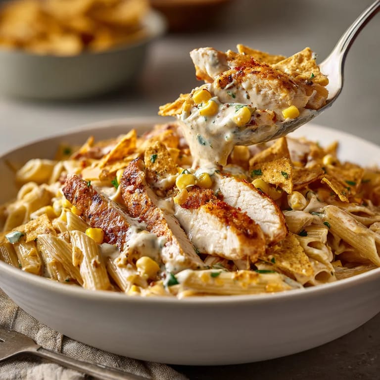 A bowl of creamy cajun chicken alfredo with roasted corn.