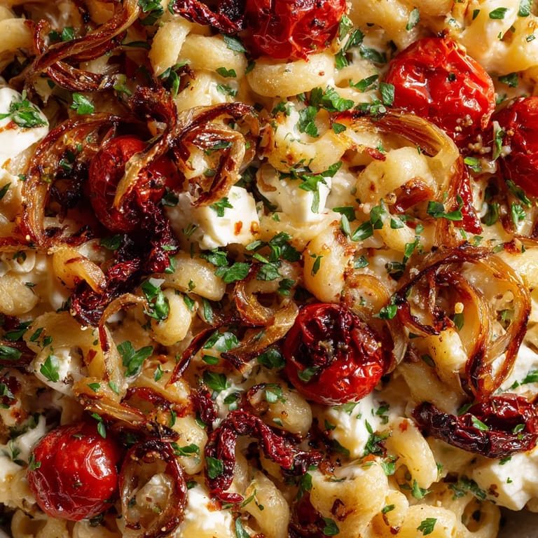 A dish of pasta with tomatoes and feta cheese.