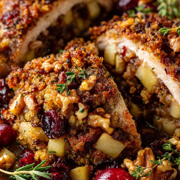 A close up of a delicious Harvest Apple and Walnut Stuffed Pork Chops.